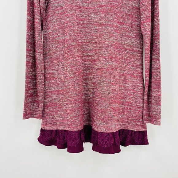 LOGO Lori Goldstein Size XS Burgundy Spacedye Lace Trim Long Sleeve Tunic Top - Picture 3 of 9